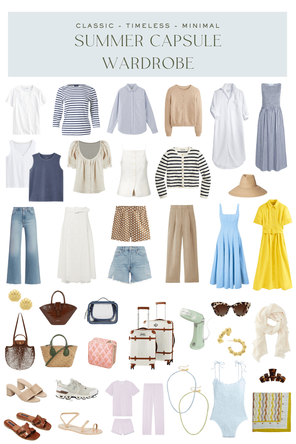 travel capsule wardrobe for summer, summer travel capsule wardrobe, travel wardrobe packing list, summer travel packing list