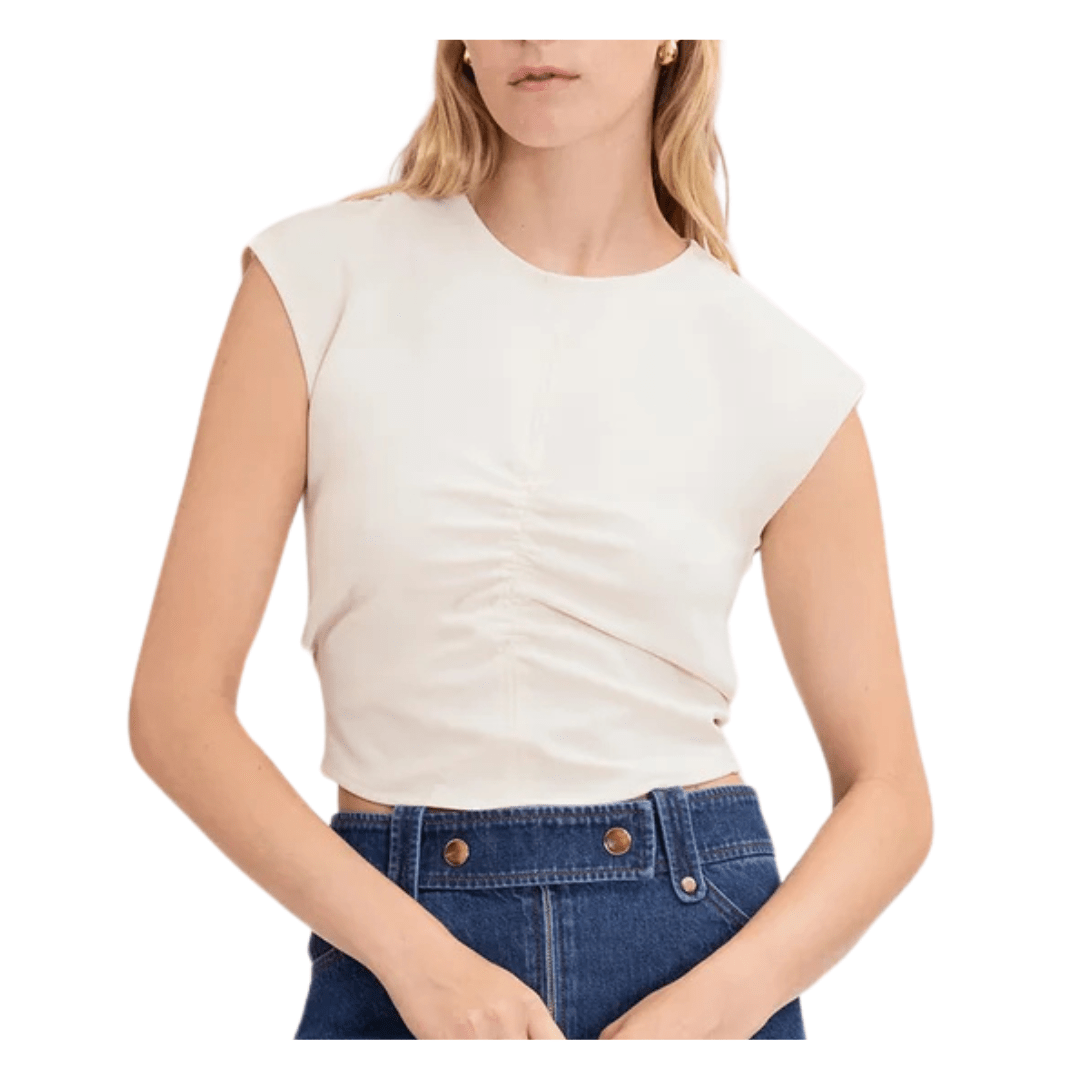ruched white top, chic white top, white spring top