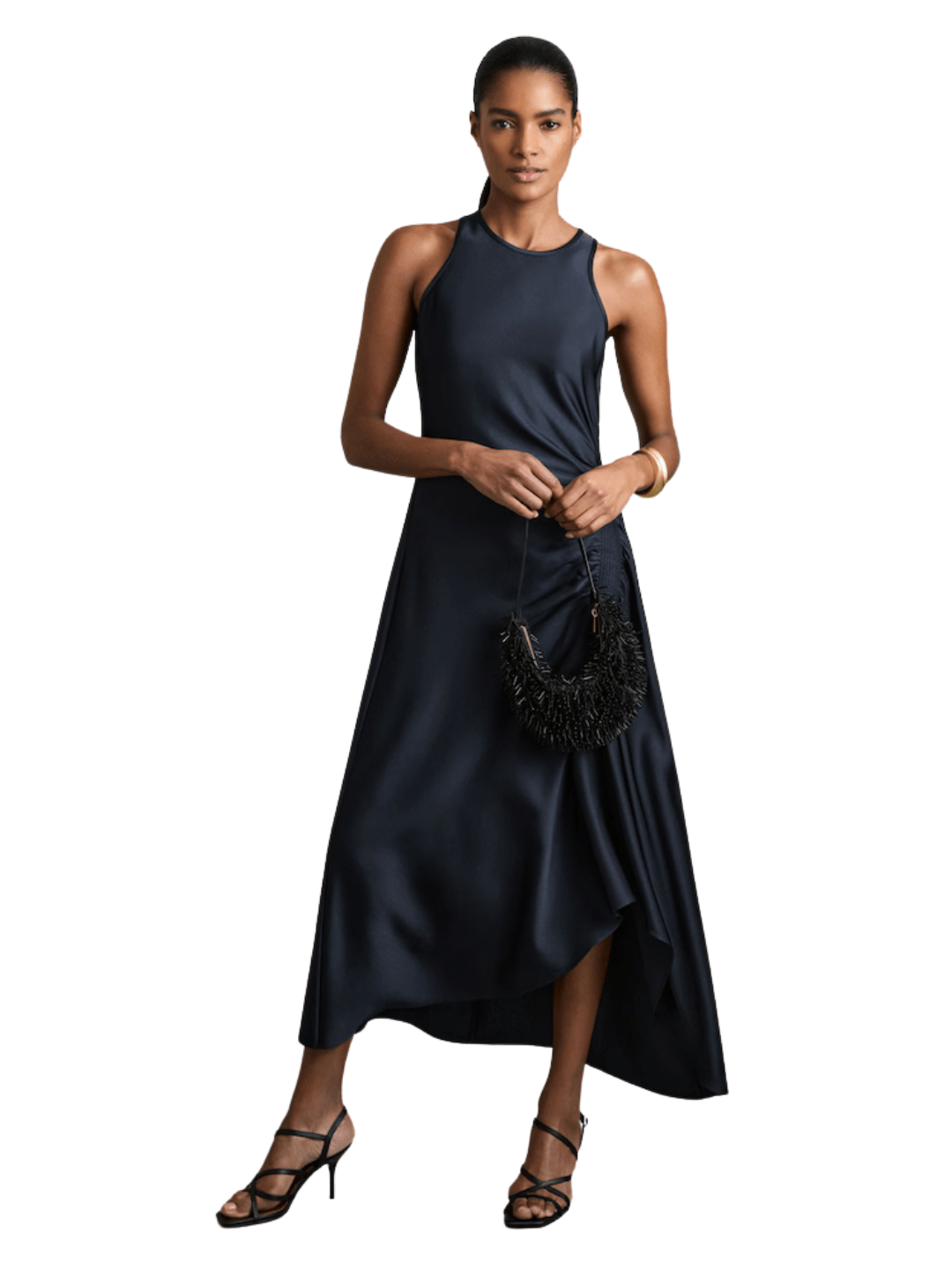shirred midi dress, navy satin midi dress