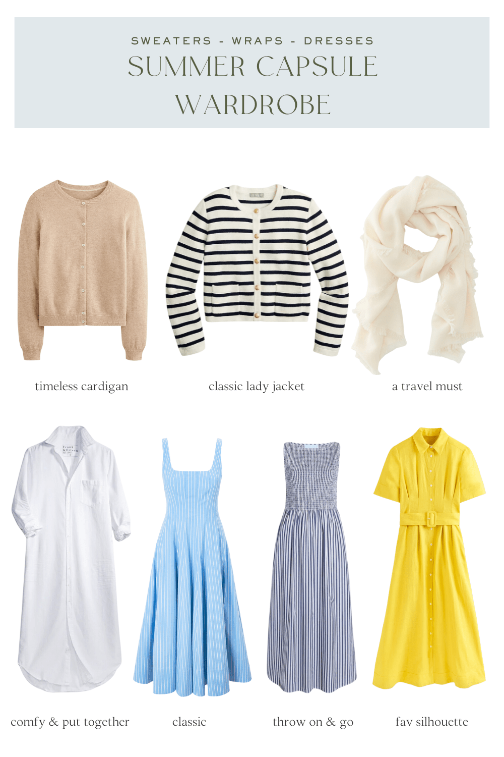 summer sweaters, midi dresses, classic travel capsule wardrobe