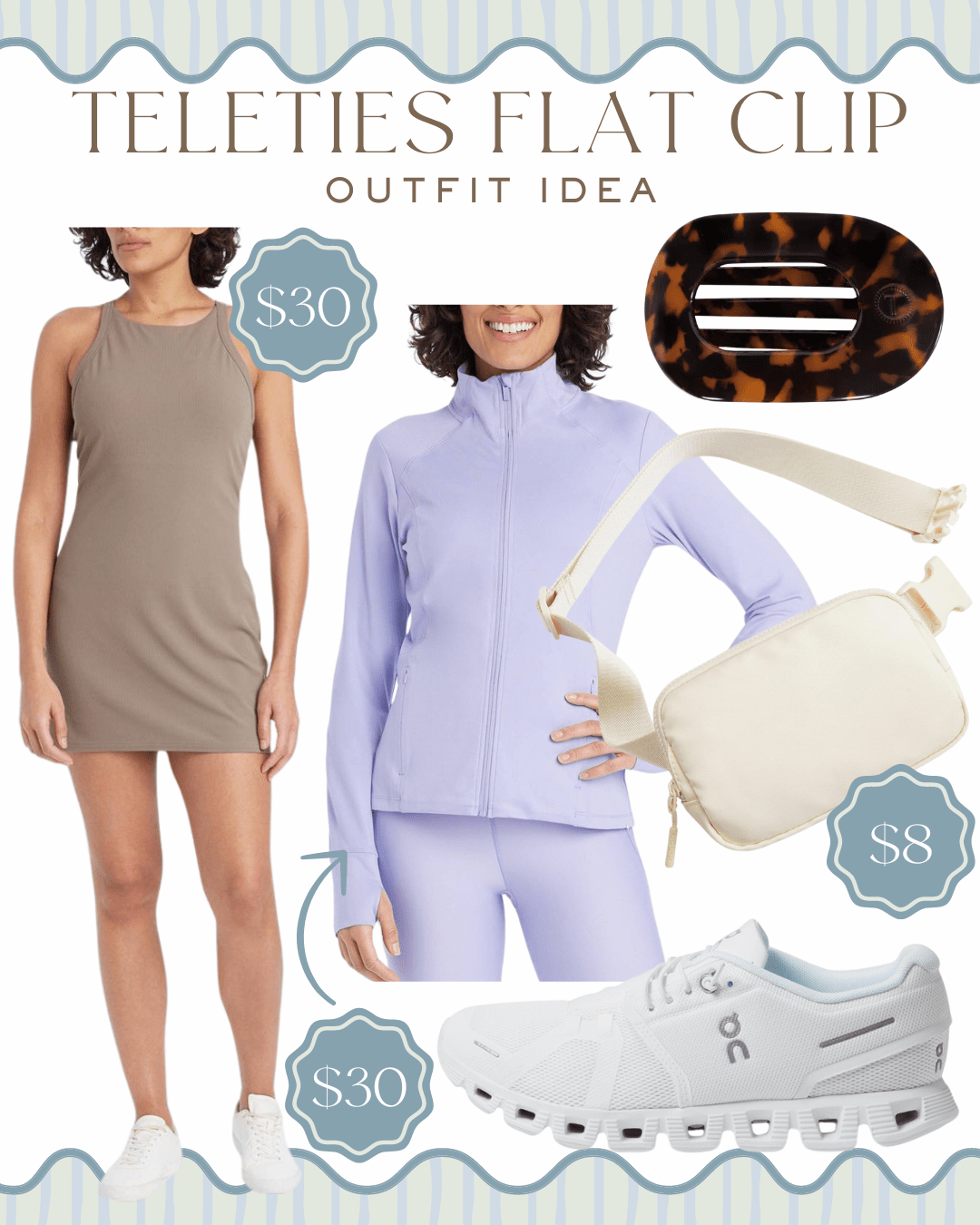 Target activewear outfit, affordable spring activewear, neutral tennis dress, lavender zip-up jacket, lavender activewear, white OnCloud sneakers, Teleties flat hair clip