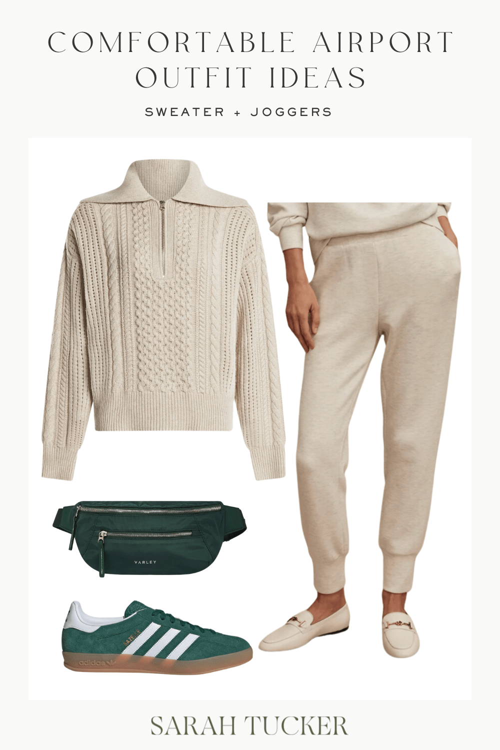 sweater and joggers outfit, how to style joggers, what to wear when flying, casual airport outfit