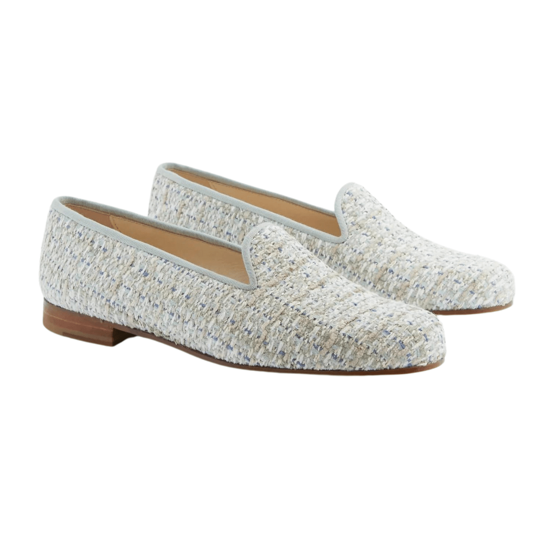 stubbs & wooton loafers, blue fabric loafers, classic style loafers