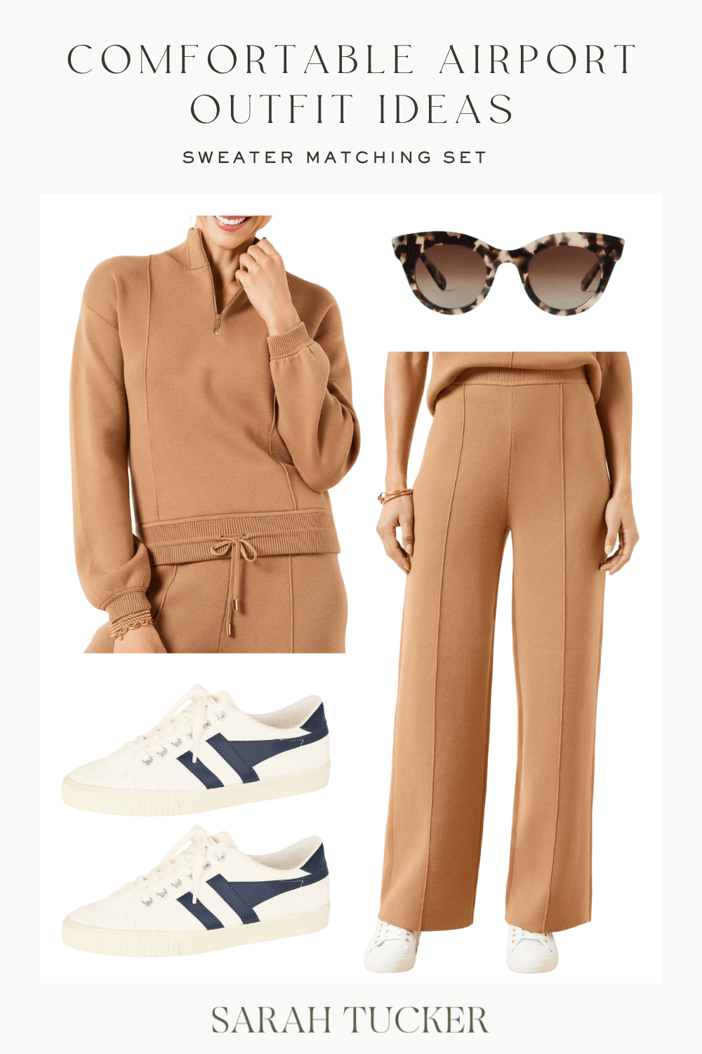 sweater set airport outfit, matching set for airport, what to wear to an airport, basic airport outfits, comfy airport look