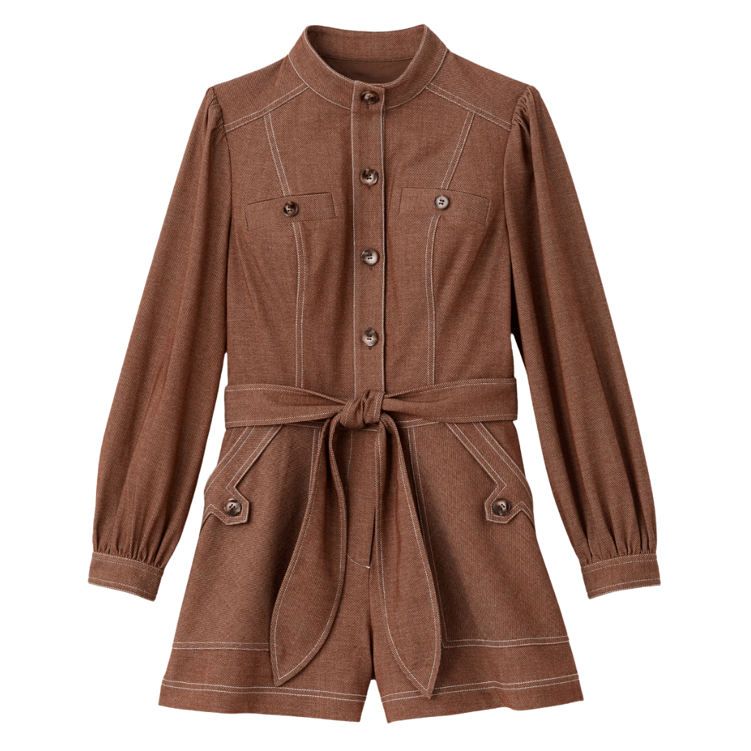 classic brown romper, belted brown romper, chic rompers, timeless rompers